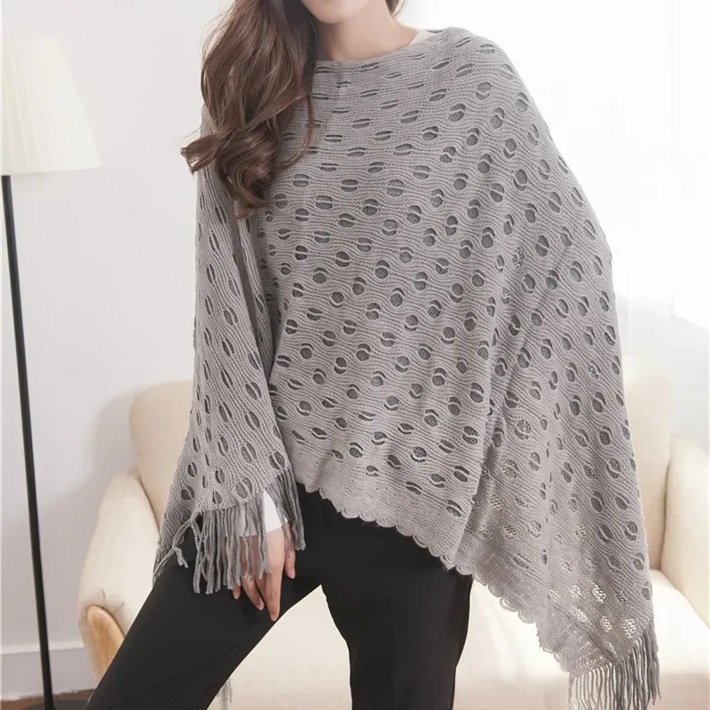 2024 Spring Autumn New Double-layer Irregular Shawl Hollowed Out Tassel Lattice Cloak Versatile Loose Pullover Poncho Gray