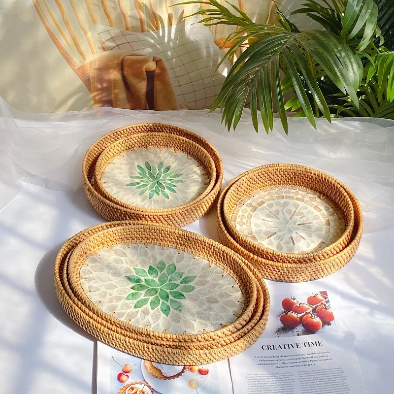 Vietnamese Shell Inlaid Rattan Trays Decorative Luxury Hand-Woven Storage Basket Table Trays for Serving Food Bread Fruit Snacks