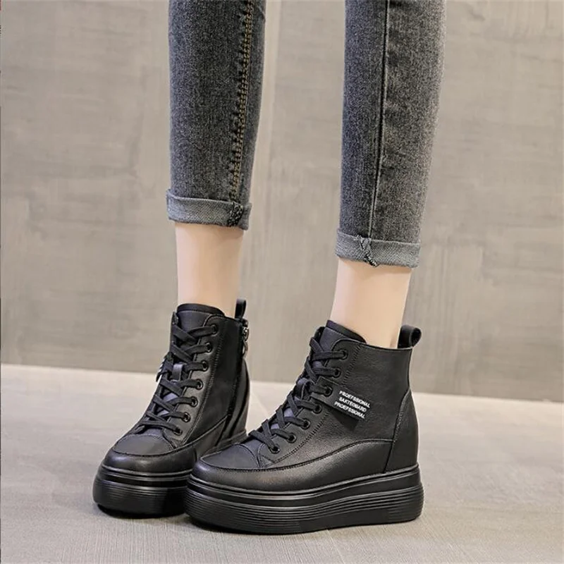 Women 8cm Platform Wedge Sneakers Black Shoes Spring Autumn Genuine Leather Footwear Keep Warm Fashion Sneakers Winter Shoes New