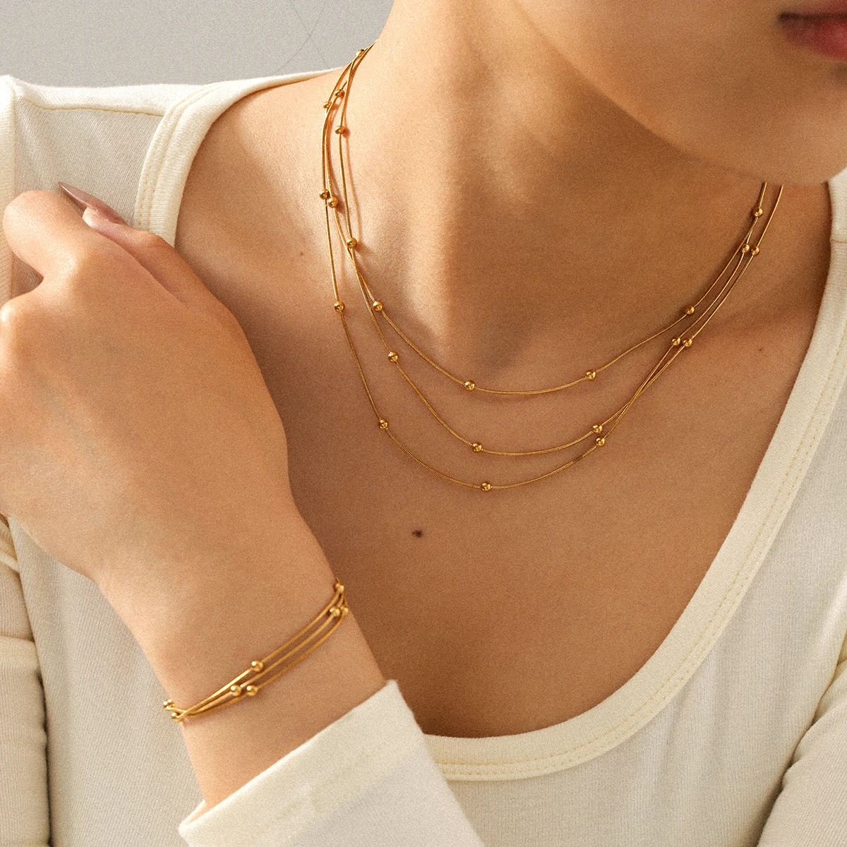 

Huang Chao Exquisite Round Bead 18k Gold Plated Stainless Steel Bracelet Necklace Set With Adjustable Design For Jewelry Gifts