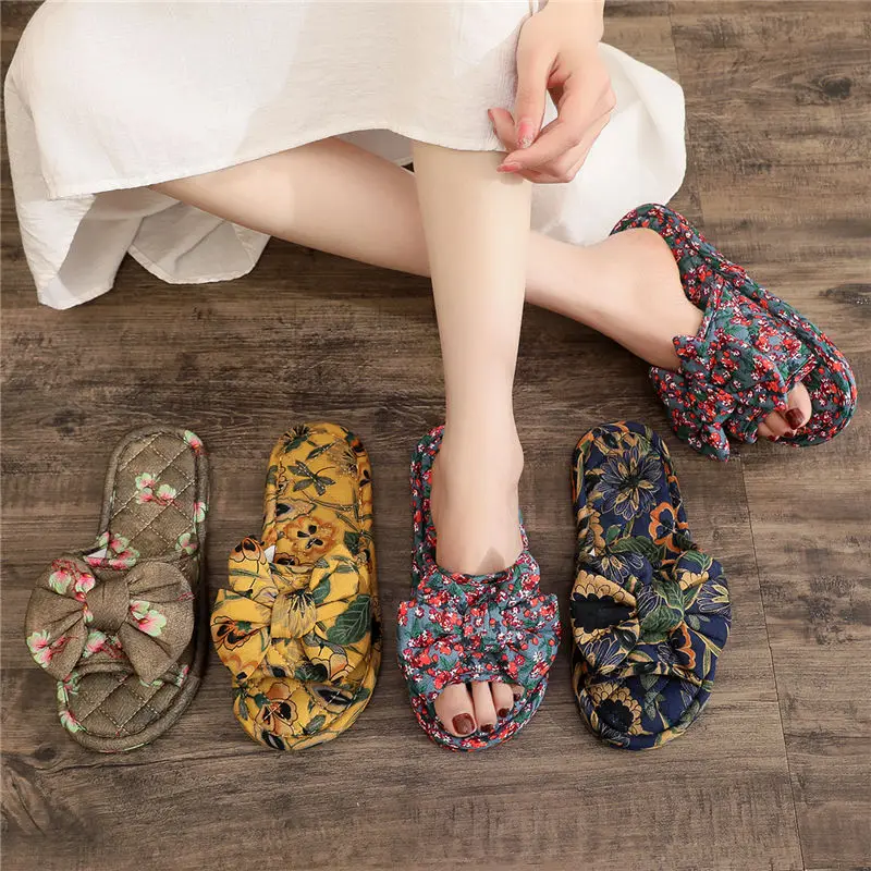 Summer Silent Fabric Bottom Slippers Indoor Home Use Pure Cotton Fabric Bow Tie Female Soft Sole Lightweight Four Seasons Male