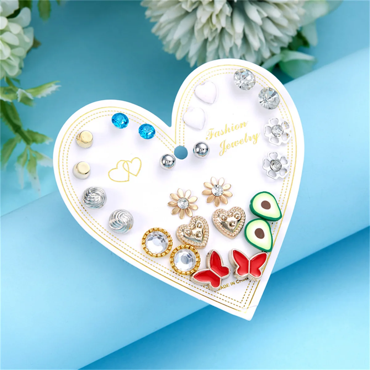 12Pairs/Set Delicate Elegant Flower Heart Butterfly Stud Earrings For Women Bohemia Mini Geometric Bow Zircon Earrings Jewelry