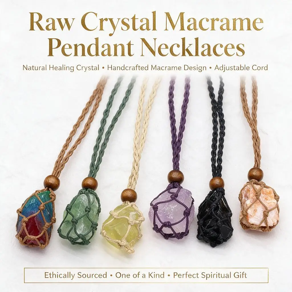 Handmade Natural Raw Crystal Gemstone Macrame Net Pendant Necklace Adjustable Cord Wooden Bead Varied Stone Options Boho Jewelry
