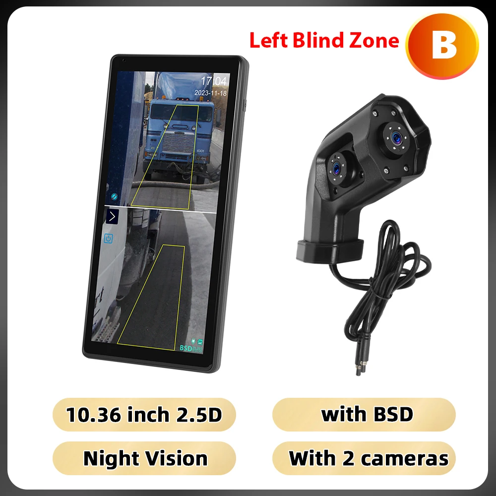 Podofo 10.36'' IPS-scherm automonitor met dubbele camera's, anti-interferentie, IP68 waterdicht, nachtzicht, BSD, verticaal scherm, DVR