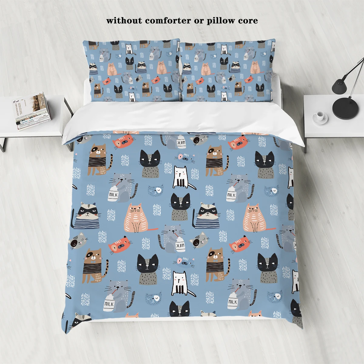 3 piece down set with blue cat pattern (1 down duvet cover+2 pillowcases, no core), comfortable bedding for children's bedroom