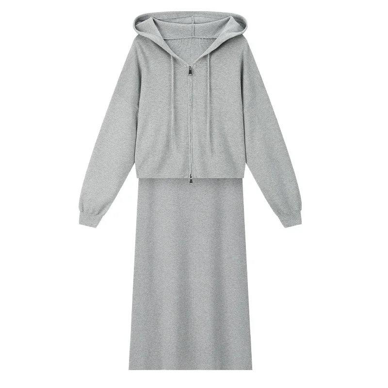 VIMLY 2ピースニットドレスセット レディース服 ジップアップフード付きジャケット ミディ丈タンクトップドレス 女性用 秋 2025 レディースカジュアルコーデセット 73335