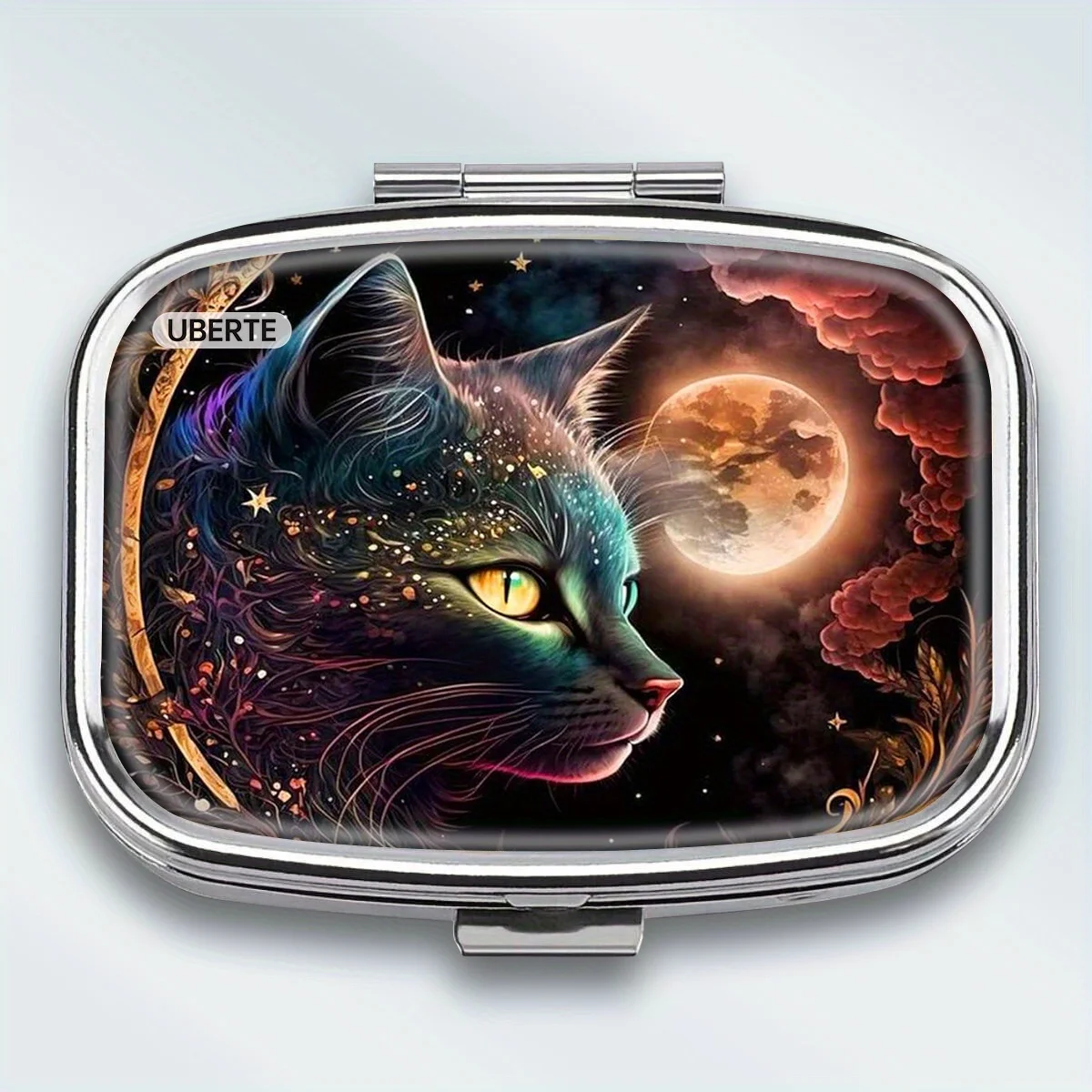 1Pc Portable Square Metal Pill Box, Featuring a Vintage Stained Glass Style with a Siamese Cat Design, 2-Compartment Design, Perfect for Elegantly Storing Your Medications or Supplements. It Is Perfect for Sorting Vitamins and Storing Small Items.