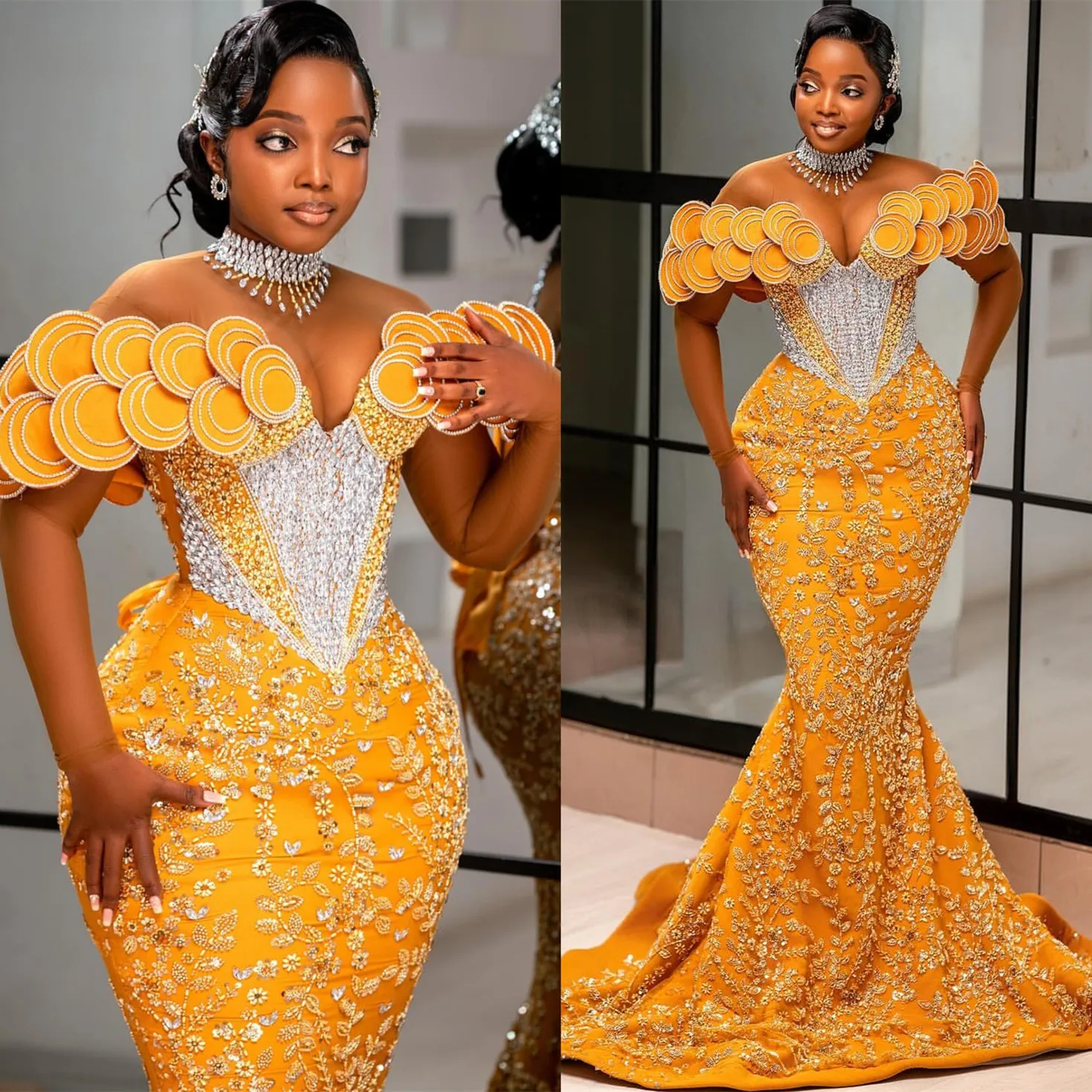 2024 Aso Ebi African Yellow Mermaid Prom Dresses Lace Rhinestones Florals  Evening Party Second Engagement Birthday Gowns Dress