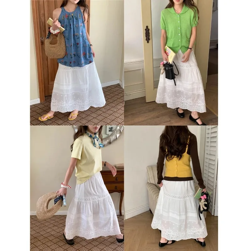Women White Lace Trim Tiered Skirt High Waist Long Skirt Summer Beach Vacation Wear Long Skirt Casual Beach Vacation Wear Q179
