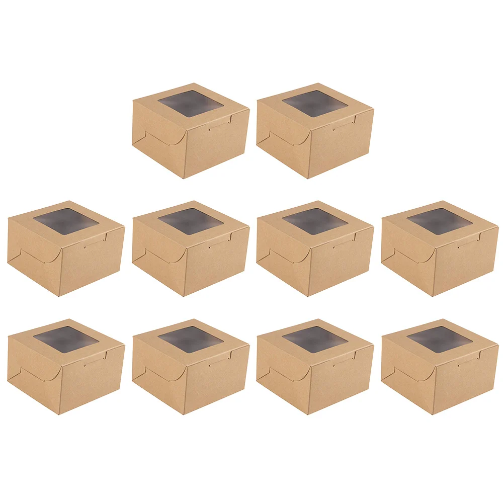 Cajas de postre de papel Kraft, ventana, yema, embalaje de pasteles, cajas de panadería, alimentos seguros, fáciles de plegar, contenedores de un solo uso, 10 Uds.