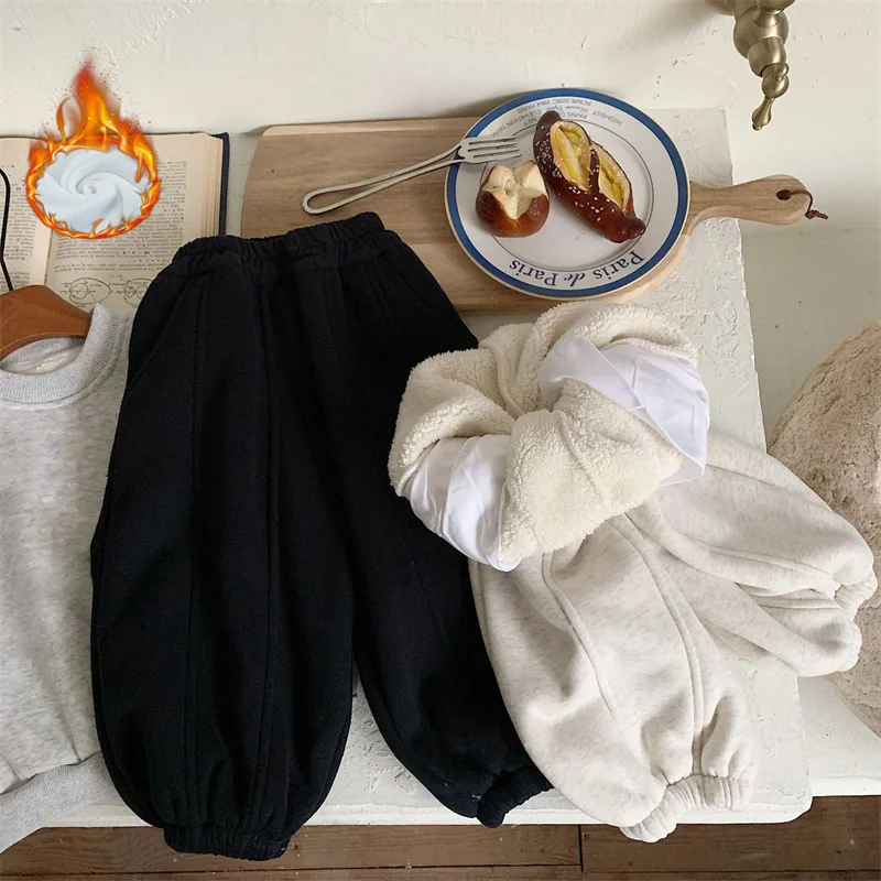 Boys Girls Thick Cotton Pants Children Winter Padded Plush Velvet Warm Trousers Teenager Casual Snow Sports Pants 3-10 Years