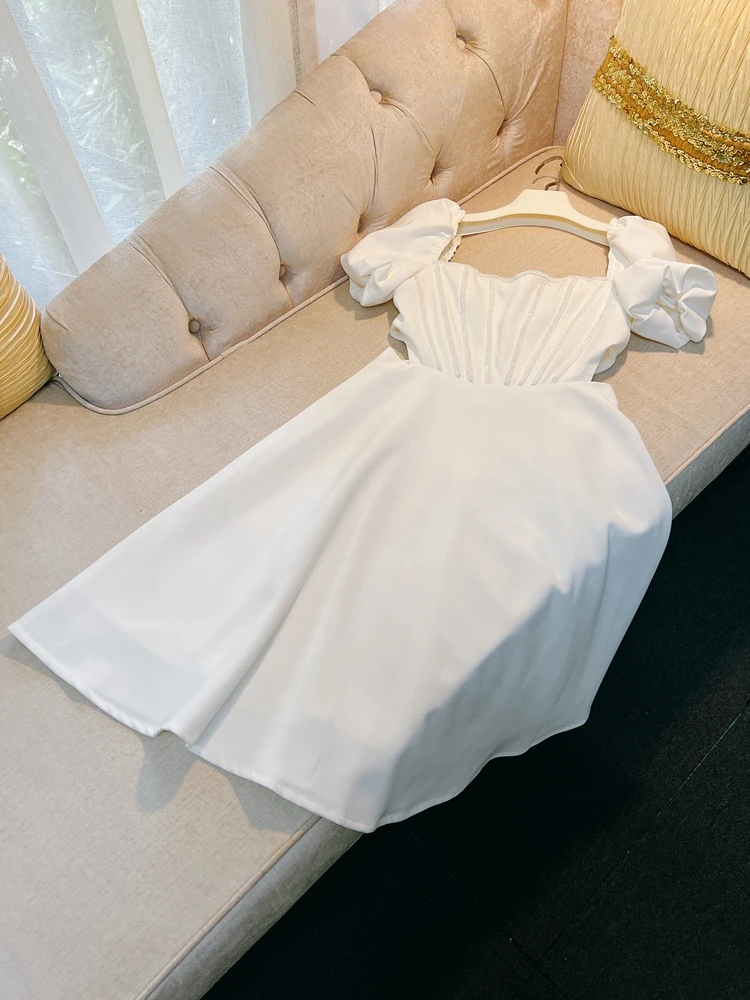 Pure White Pearl Fibone Hollow out Design Square Ne Bubble Sve Dr High Waist Long Dr Summer Evening Gown