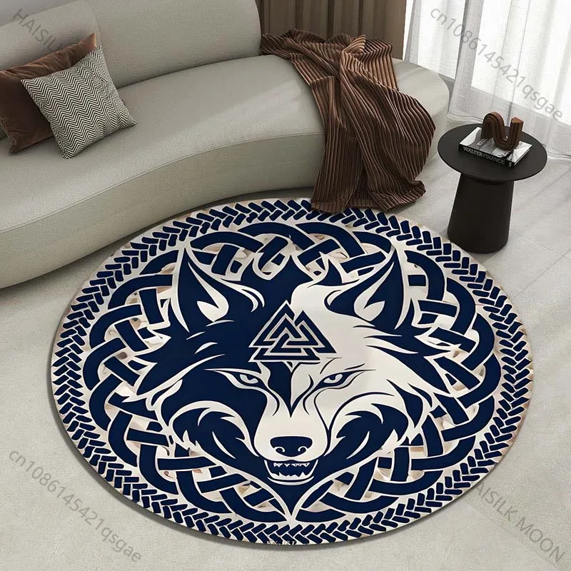 Celtic-style wolf head design Printed round carpet living room sofa table carpet large pet mat soft round carpet home decor
