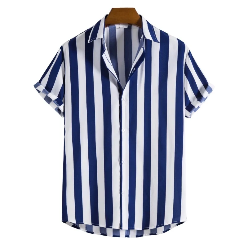 Summer Men's Beach Hawaiian Short Sleeve Striped Printed Shirt Fashion Casual Slim Fit Lapel Single Breasted Cardigan Shirt