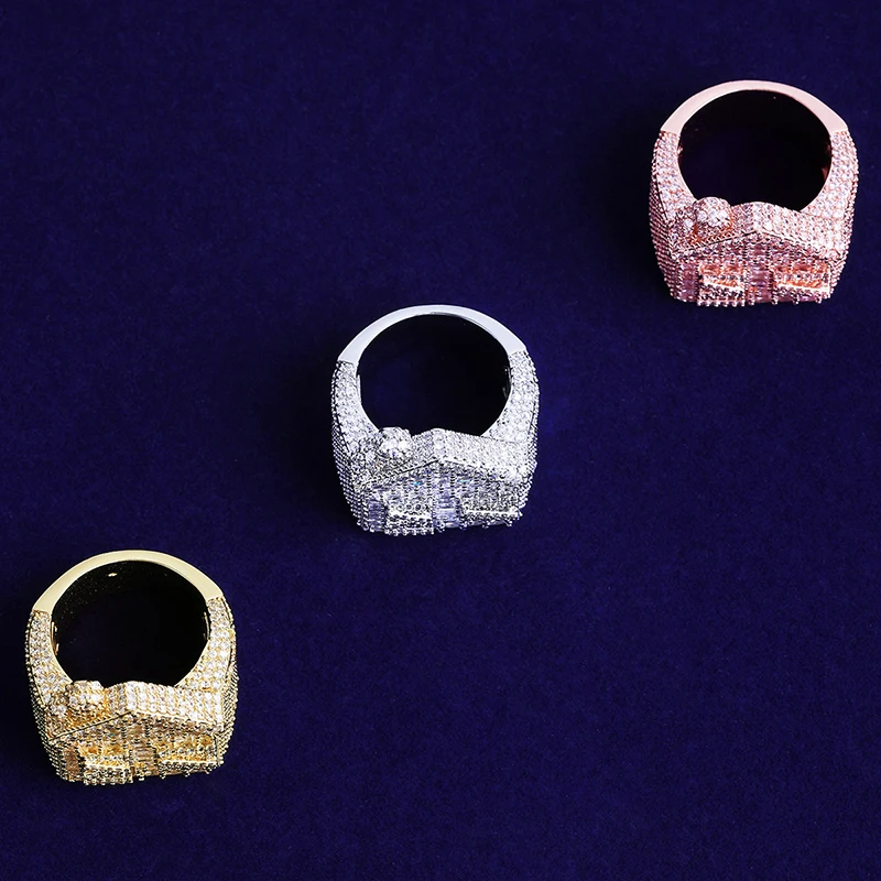 Hip Hop Micro Pave AAA Cubic Zirconia Bling House Square Finger Rings for Men Rapper Jewelry Size 7-12