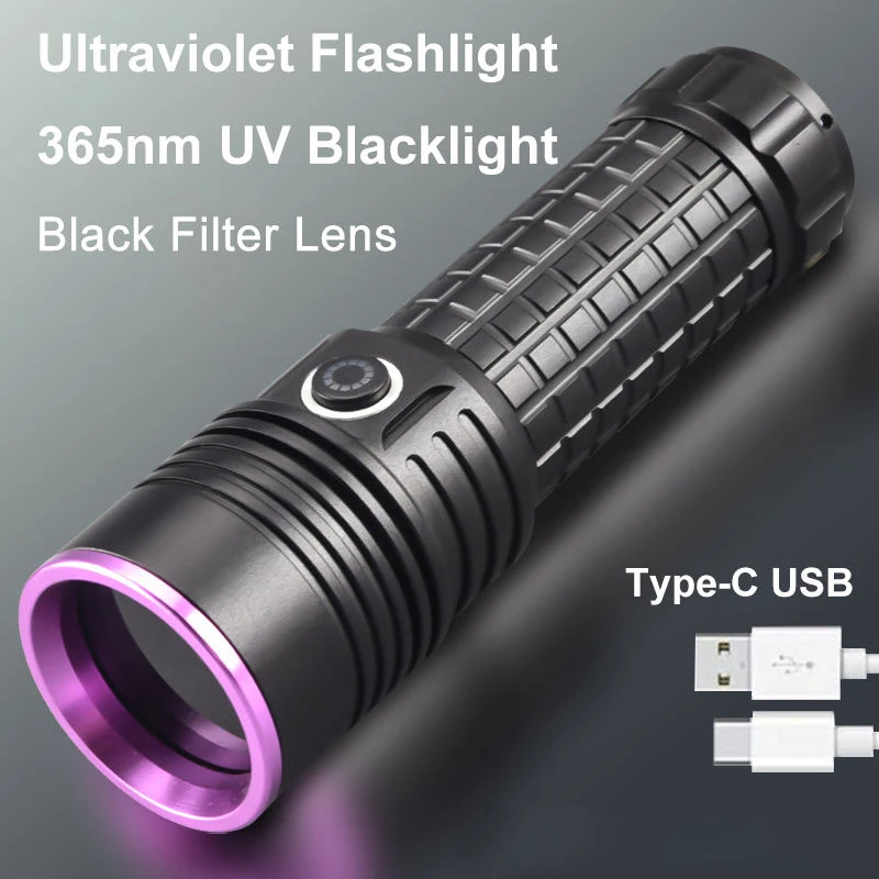 Powerful 365NM UV Flashlight Black Mirror Purple light 60W Fluorescent Oil Pollution Detection Torch Rechargeable 26650 Lantern