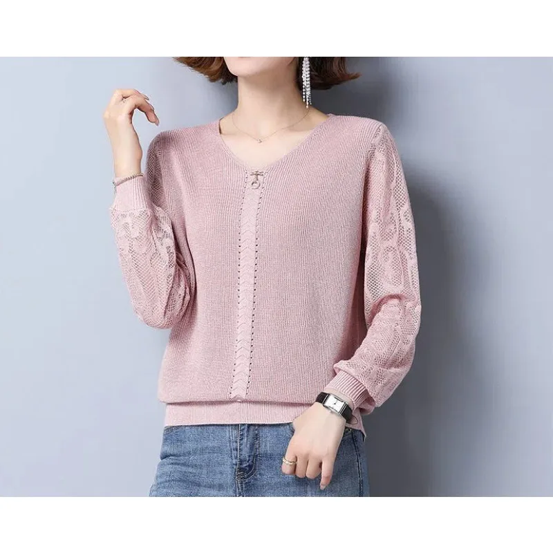 V-Neck Rivet Lantern Long Sleeve Solid Color Pullover Sweater Knitted Women's Clothing Spring Autumn Casual All-match Tops