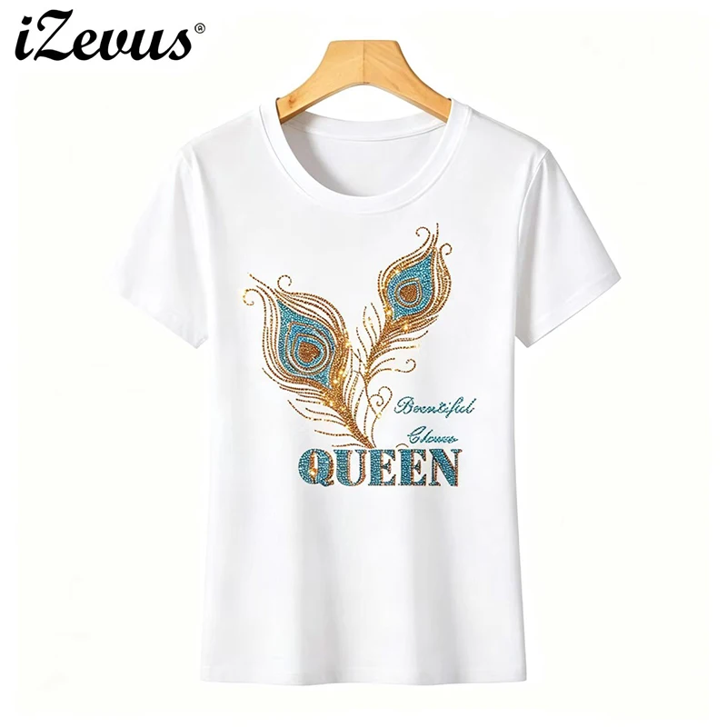 Fashionable diamond-encrusted imitation gemstone and women's summer short-sleeved ice silk cotton casual T-shirt