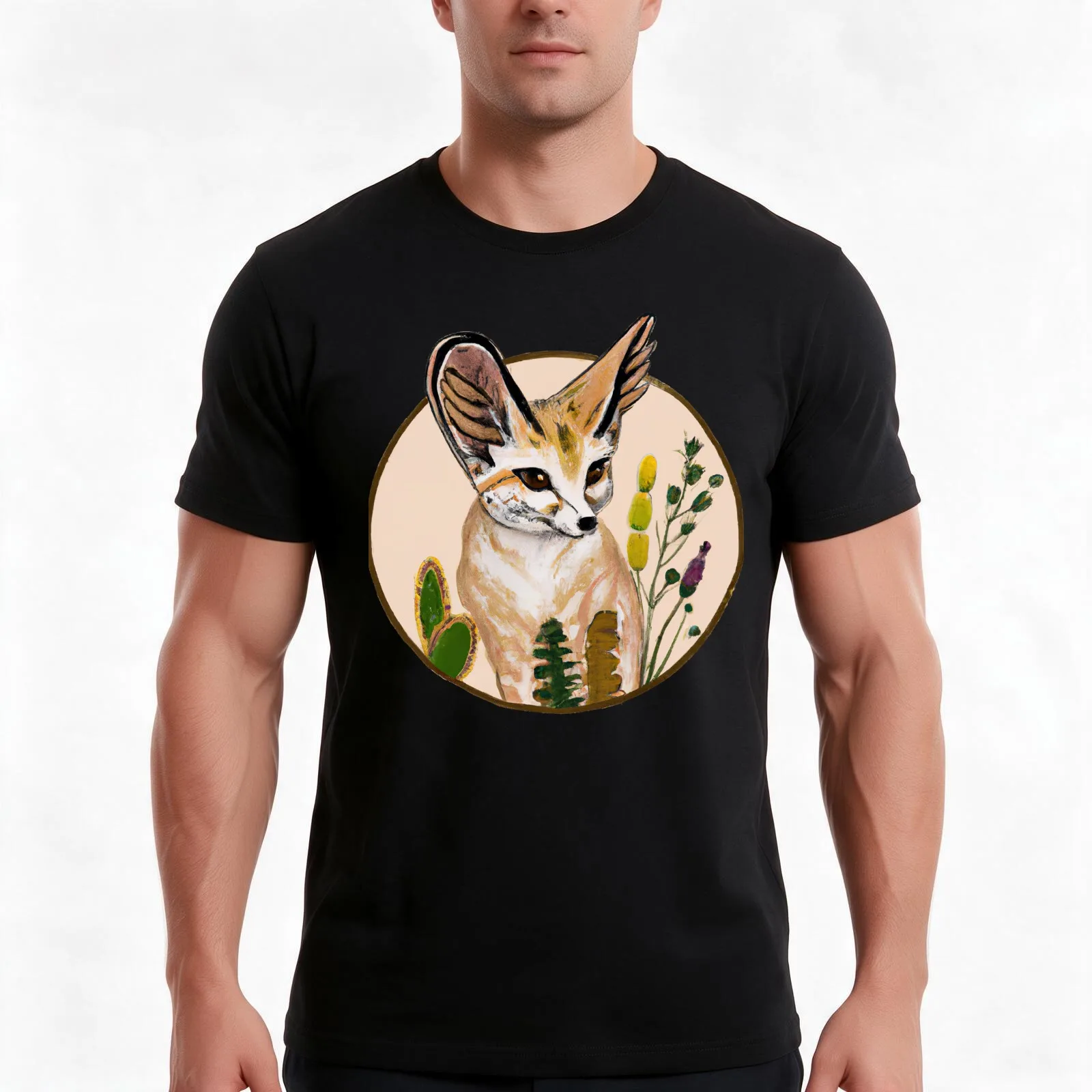 Fennec fox among desert flowers T-Shirt, Summer Casual Cotton Tee, Oversized Streetwear Tops, Vintage Graphic Print, 100% Cotton