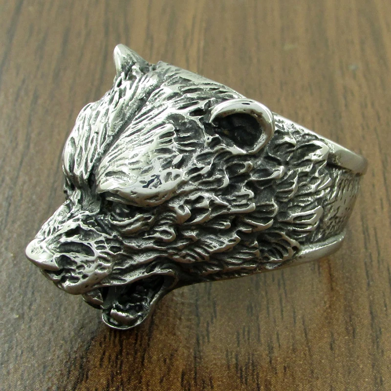 Punk 316L Stainless Steel Bear Animal Ring For Man Silver Color Golden Brown Bear Head Ring Jewelry