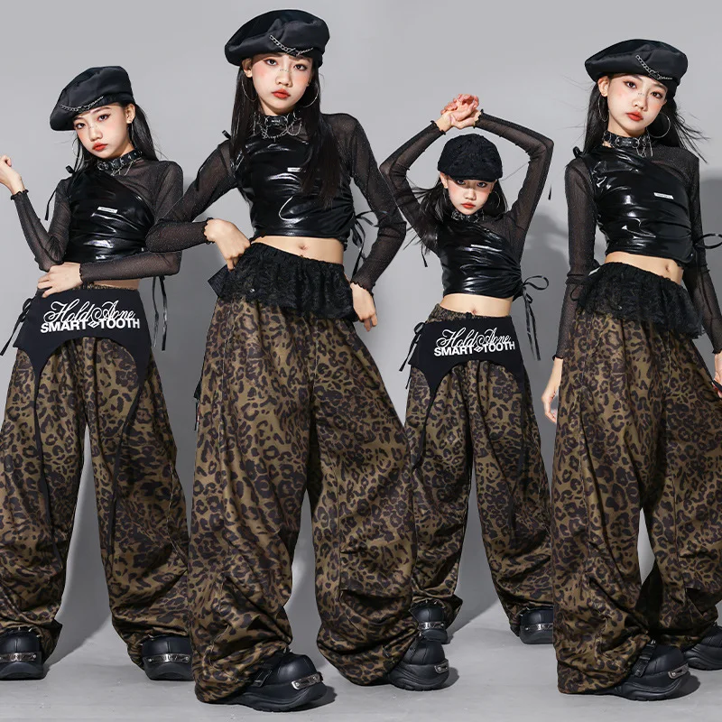 

Girls K-pop Clothing Crop Mesh Top Camo Pants Hip Hop Costumes Kids Streetwear Child Jazz Girl Group Street Dance Clothes Sets