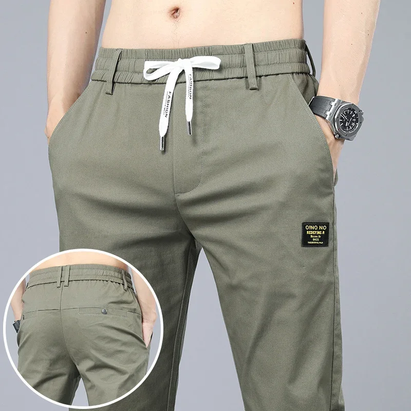 Summer Men Soft Stretch Lyocell Fabric Green Khaki Casual Pants Male Thin Straight Drawstring Elastic Waist Business Trousers