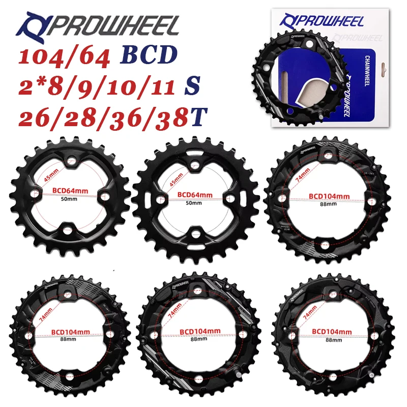 Prowheel Bicycle Chainring 104BCD 64BCD Chain Ring 26T 36T 28T 38T MTB Chainring Double Speed MTB Bike Chainwheel Bike Crown