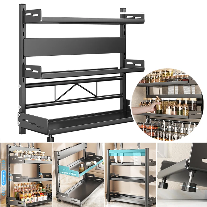 

30/40/50cm Metal Spice Storage Rack 2/3 Tier Adjustable Countertop Organizer with Knife Holder Rust Proof Kitchen Cabinet Shelve