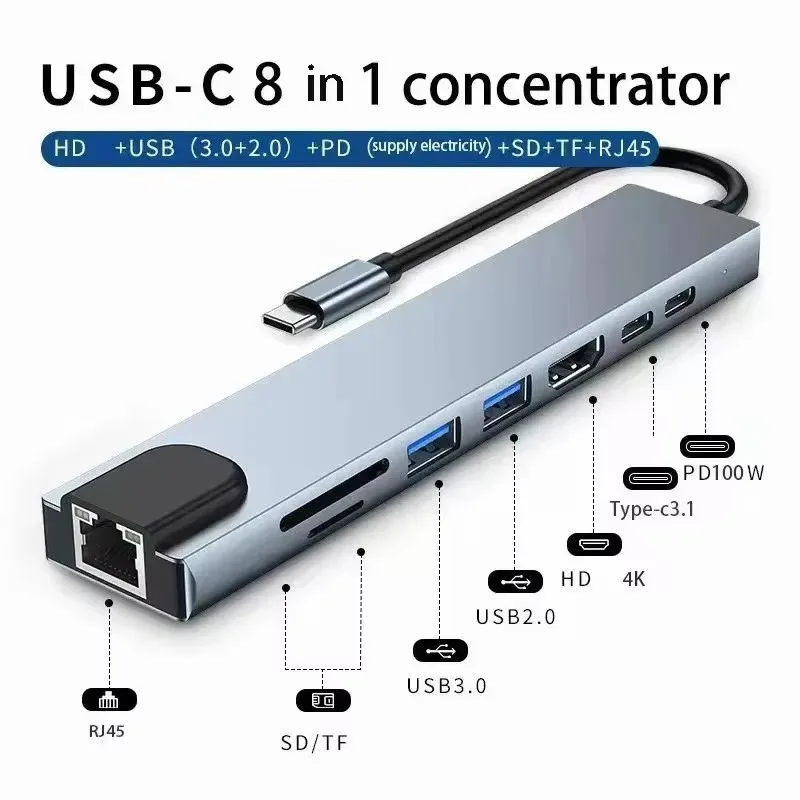 Sd Tf Rj45 Card Reader Pd Fast Charging, HdTV Hub Adapter Suitable for Macbook Laptops Usb 8-in-1 C Type 3 1 To 4k