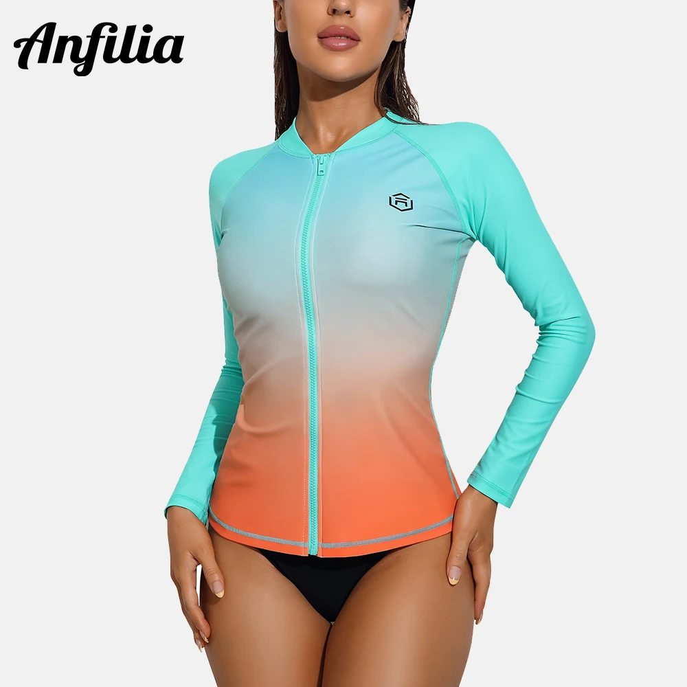 Anfilia Women Long Sleeve Rash Guard Sun Protection Zipper Color Block Gradient Swimsuit Top