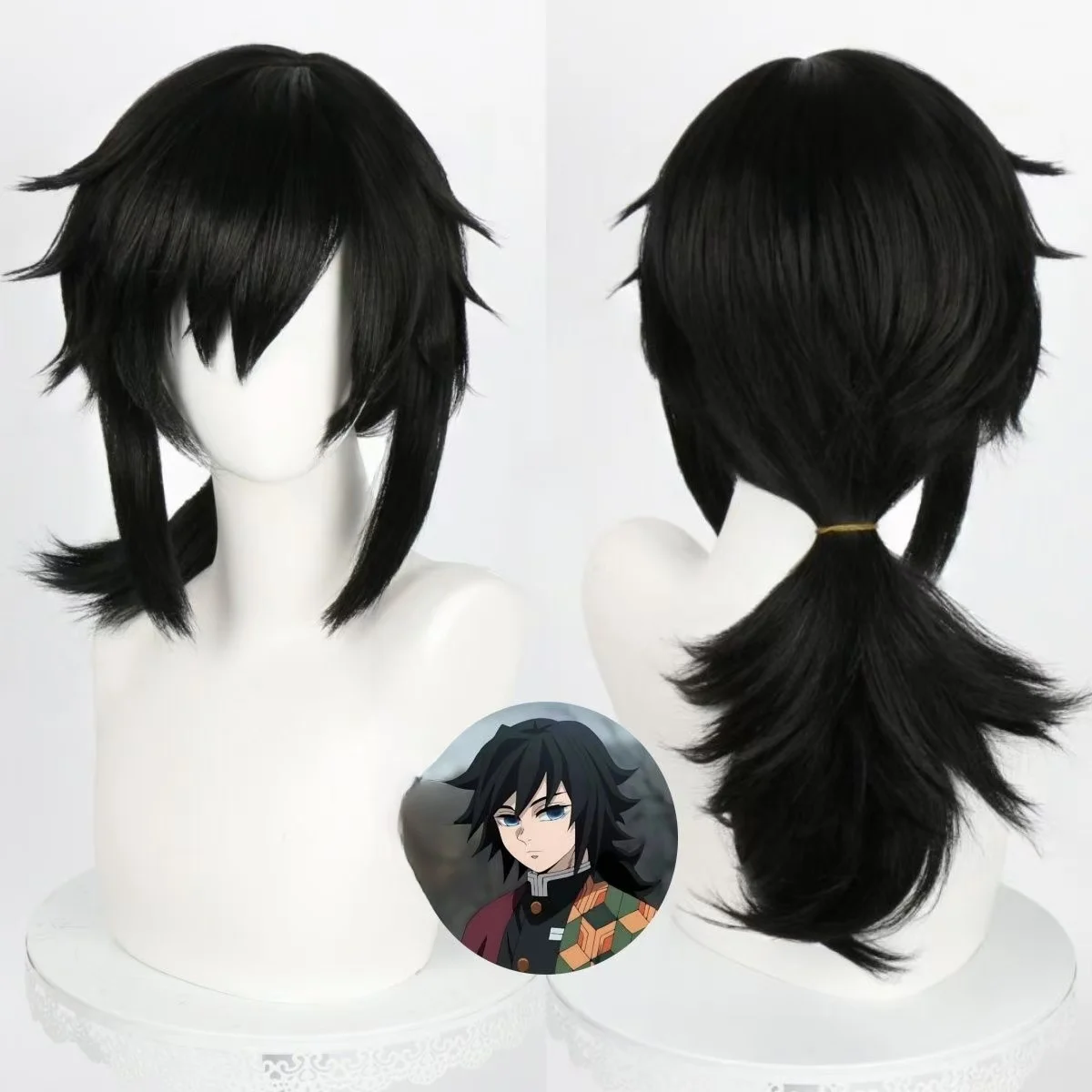 Tomioka Giyuu Cosplay Wig Black Layered Ponytail Heat Resistant Synthetic Hair Halloween Party Cosplay Wig With Wig Cap