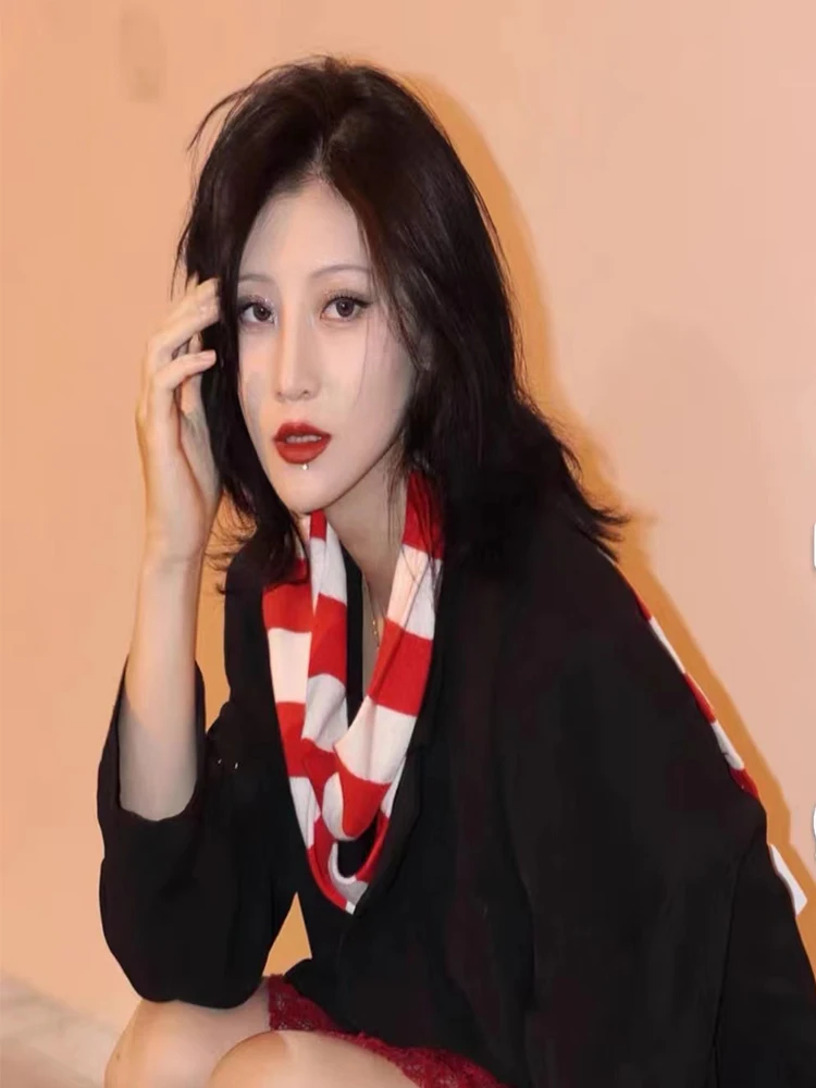 Fall/Winter Striped Color Blocked Knit Double-layer Seamless Scarf for Women High-quality Cashmere Slender Warm Y2K Small scarf