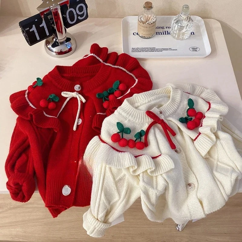 

Милый свитер для девочек, весенне-осенний вязаный кардиган с длинными рукавами вишневого цвета, весенне-осенняя верхняя одежда для маленьких девочек, трикотажная куртка