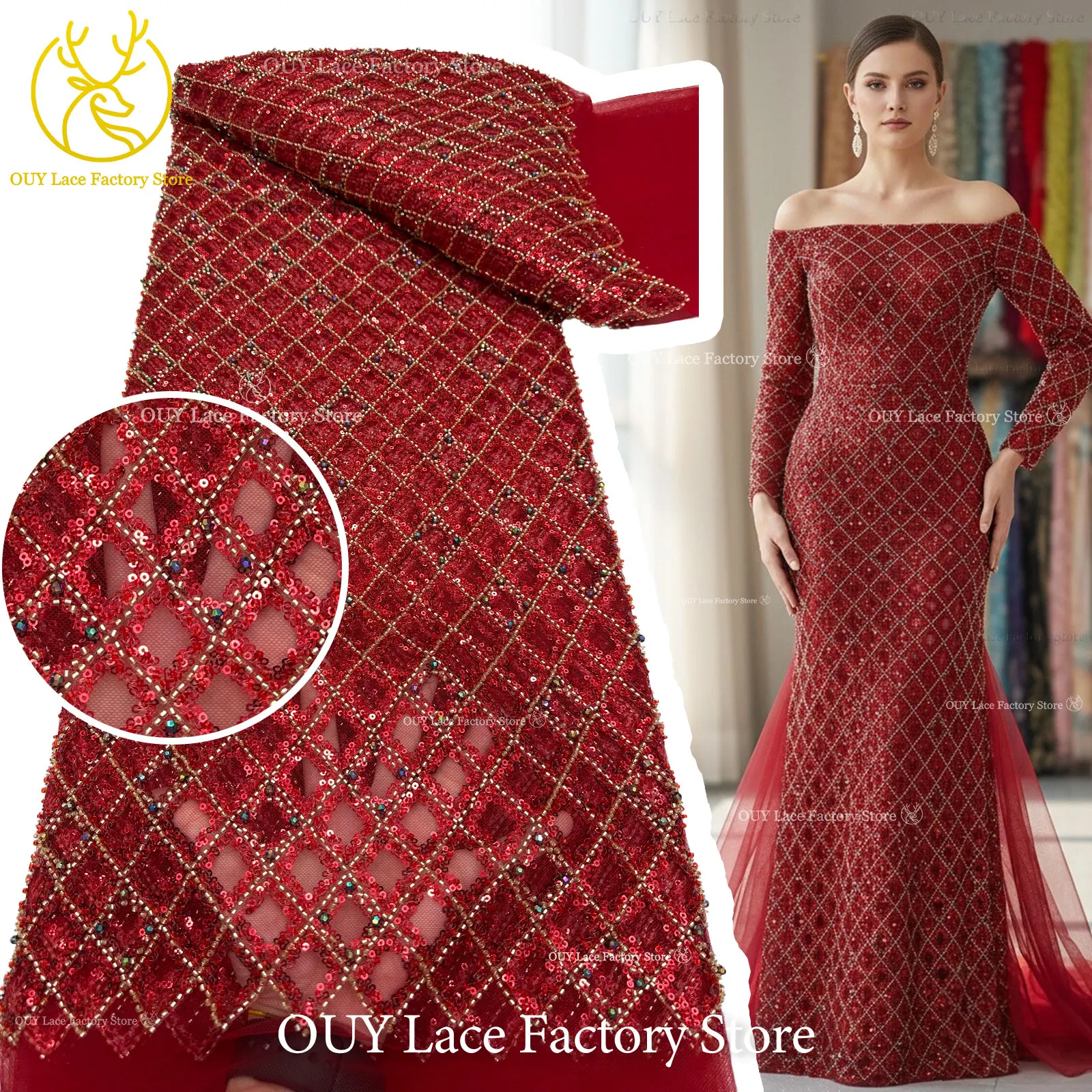 Roter afrikanischer Spitzenstoff, französischer Mesh-Spitzenstoff mit Pailletten und Perlen für Party- und Abendkleider, zum Nähen von afrikanischen Spitzenstoffen für Damen – Detail 4