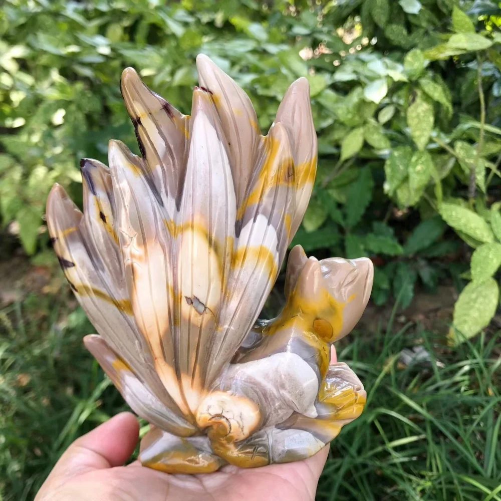 Natural Mookaite Jasper Hand Carved Nine Tails Fox Figurine, Crystal Spirit Animal Statue, Home Altar Decor Spiritual Gift
