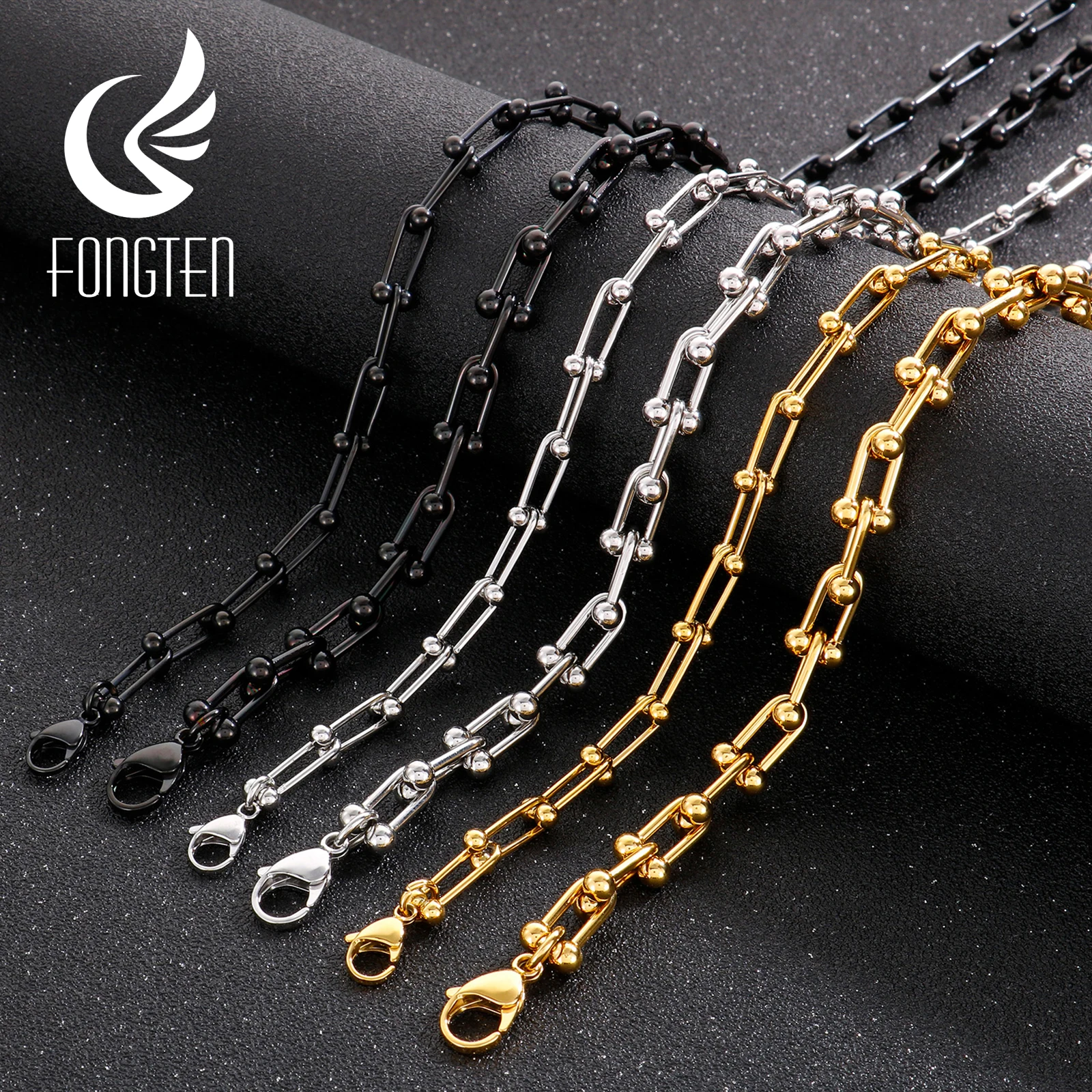 

Fongten Rock Classic "U" Link Chain Necklace for Men Punk Style Party Shiny Stainless Steel 8mm/10mm Width Trendy Long Necklaces