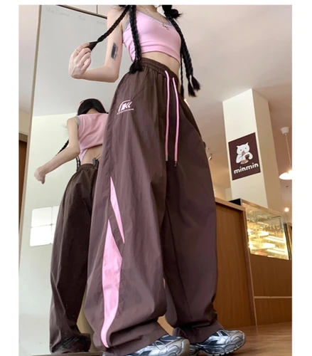 Pantalones deportivos de pierna ancha para mujer, ropa de trabajo de dopamina, holgada, estilo retro, talla grande, 2024