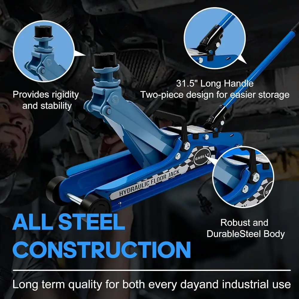 ロープロファイル2.5トンヘビーデューティーレーシングフロアジャッキ、シングルピストンポンプ付き、3.35～14.96インチまで持ち上げ可能（ブルー）