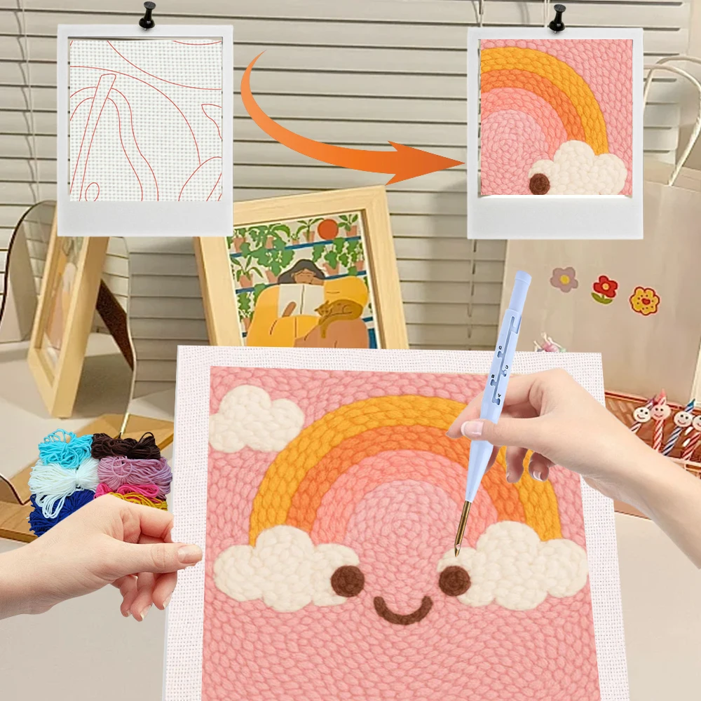 

Rainbow cloud Punch Needle Kit Diy Craft Set Square Punch Needle Embroidery Frame for Wall Decor Art Sewing Perfect Gift