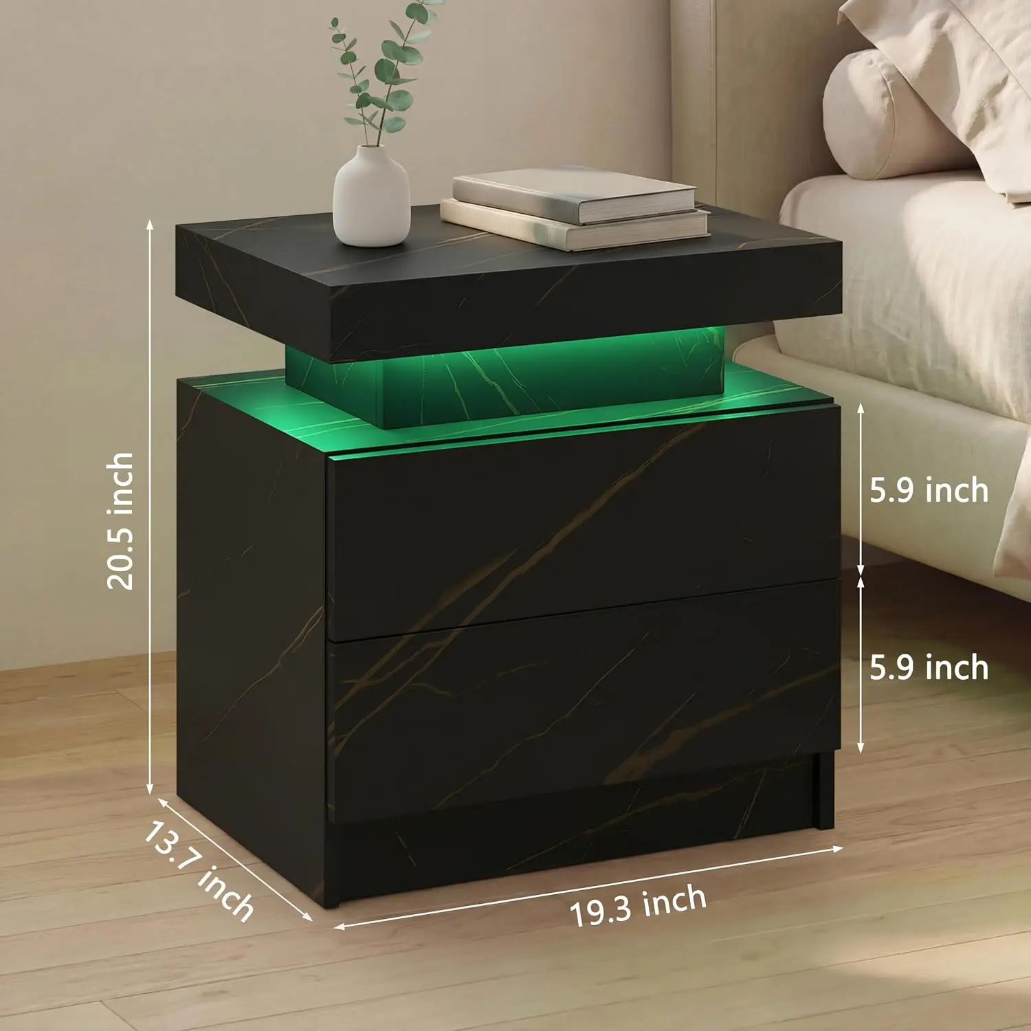 Black Modern LED Nightstand Set of 2 with 2 Wood Drawer Storage for Bedroom, App-Controlled RGB Light Bedside Table, Customized