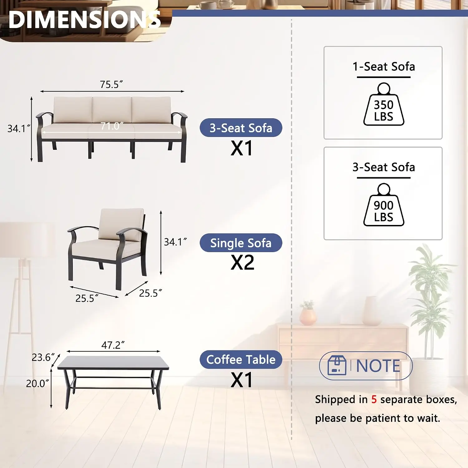 Modern Metal Outdoor Patio Furniture Set 5-Seat Sectional Sofa w/ 5.1 Inch Cushion & Rectangular Coffee Table, Customized