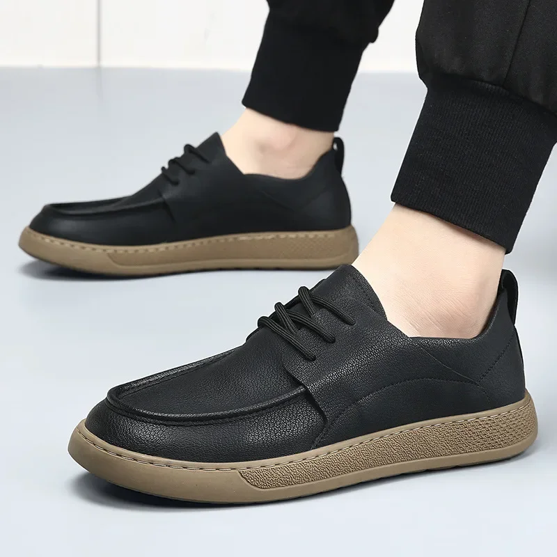 

New Men Genuine Leather Casual Shoes Concise Designer Flat Skate Shoes Lace-up Loafer
