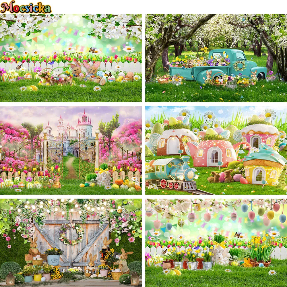 

Spring Easter Bunny Backdrops For Photography Castle Candy House Green Plants Eggs Decoration Kids Cake Smash Background Studio