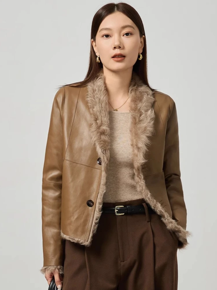 

Женские шубы из натуральной кожи с v-образным вырезом, высококачественная роскошная простая двусторонняя куртка, теплая зимняя куртка из овечьей шерсти