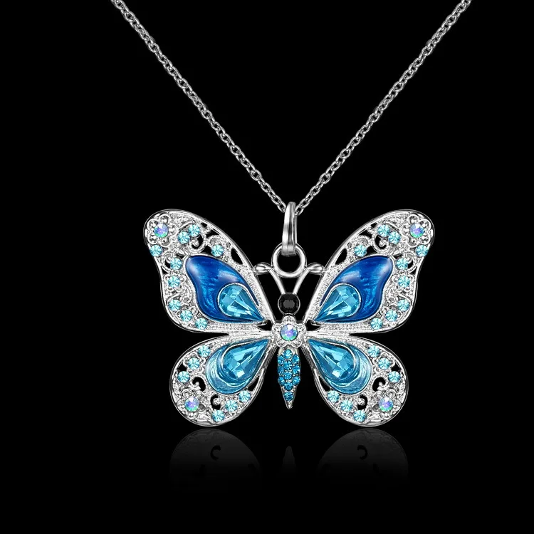 Fashion Silver Color Crystal Rhinestone Butterfly Pendant Necklaces for Women Long Chain Animal long Necklace Jewelry Party Gift