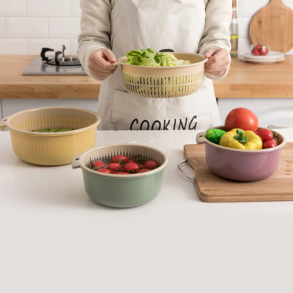 

Plastic Drain Basket Nordic Green Multifunctional Drainer Bowl Sink Kitchen Double-layer Vegetable Strainer
