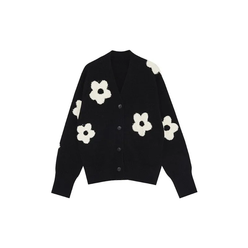 2024 Winter Fashion Solid Color Simplicity Versatile Commute V-neck 3D Jacquard Knitting Loose Sweater Knitted Cardigan Women 5
