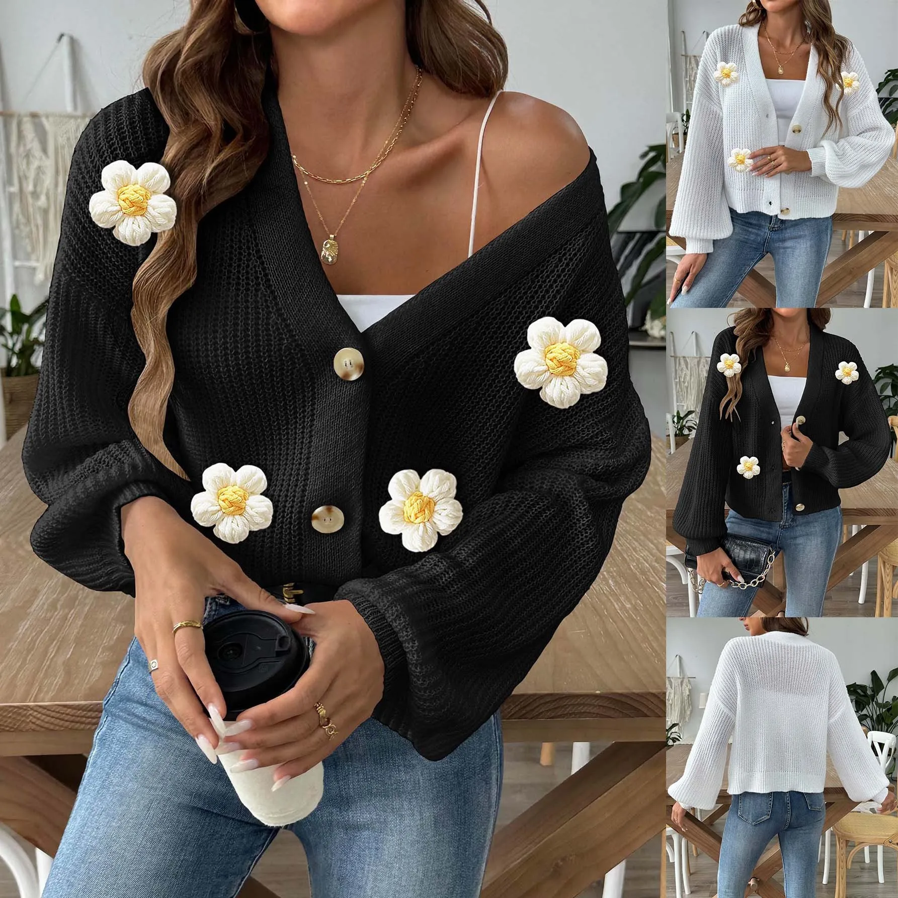 

Women's ort Button-Up Knitted Sweater Cardigan Patchwork Autumn Winter Faion Street Sle Long Sve Ultra-ort Length