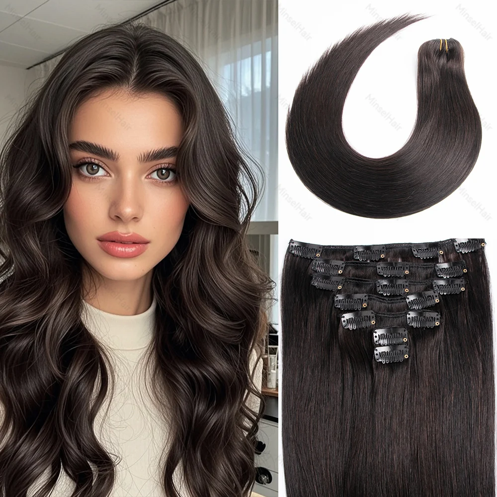 プレミアムレミークリップ式ヘアエクステ　人毛100%　シルクのような滑らかさ　12ヶ月以上の寿命　120g　12～22インチ　7ピースクリップ式ヘアエクステ　1B