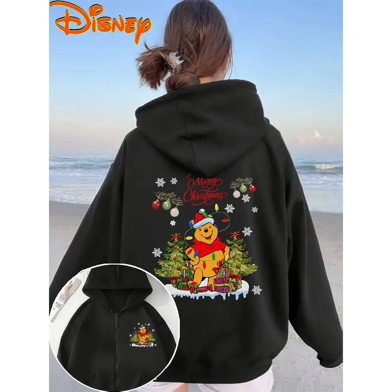 Sweat à capuche avec fermeture éclair, ours de noël Disney, élément d'arbre de noël, vêtements de rue décontractés pour hommes et femmes, nouvelle collection automne et hiver